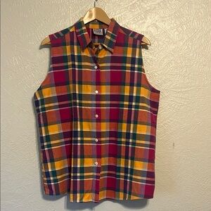 Vintage Extra Elements Multicolor Plaid Sleeveless 100% Cotton Shirt 20W